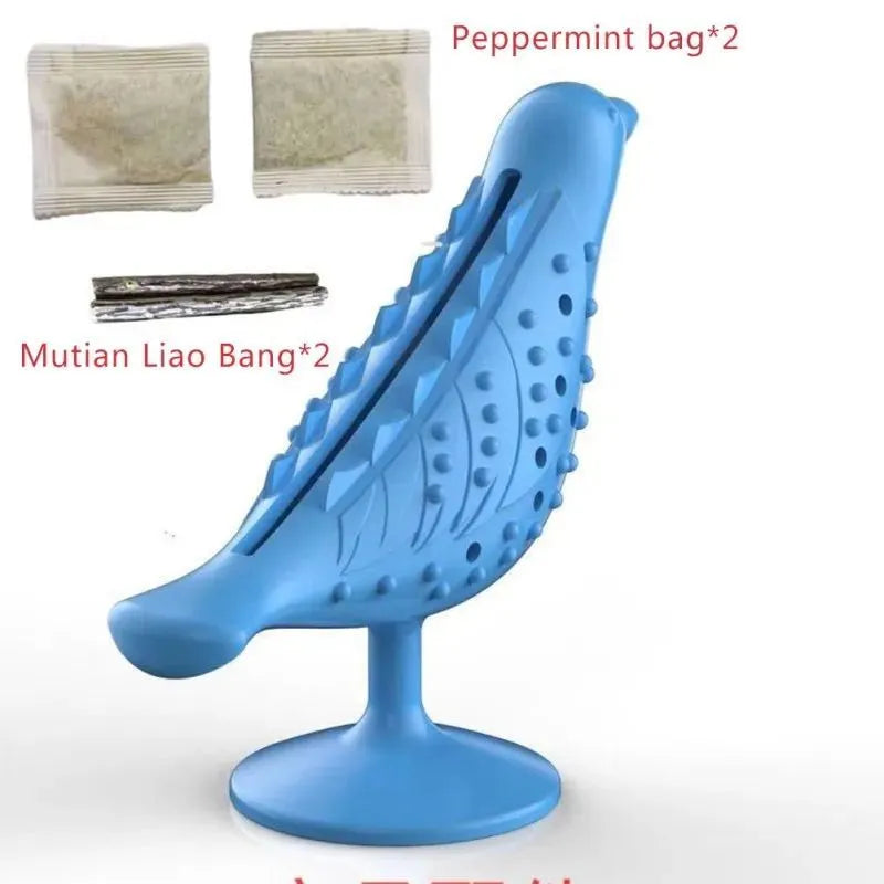 Blue bird shape interactive cat toy with suction cup base on a floor