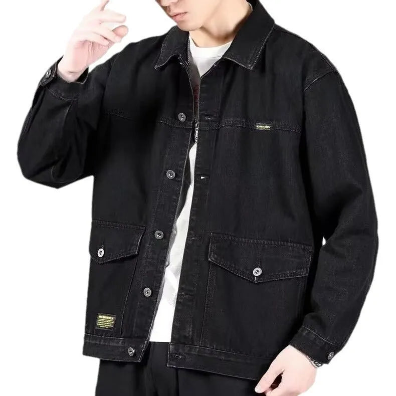 Men's loose fit denim jacket with cotton lining in blue, black, or grey, sizes M to 5XL.