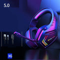Black wireless Bluetooth headset with RGB lighting on the ear cups, worn over the head.