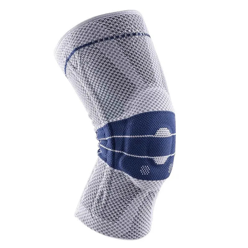 Black and blue adult sports knee pad for basketball and running protection.