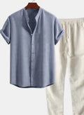 Men's casual loose short sleeve shirt and trousers set in polyester linen fabric shown in multiple colour options