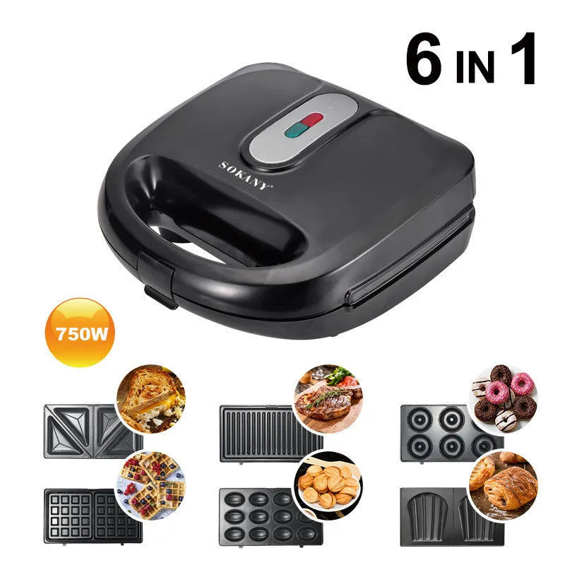Black double-sided electric sandwich pan with brushed stainless steel lid and six removable non-stick plates.