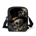 Children's messenger bag with skull pattern design showing adjustable straps and zipper pocket