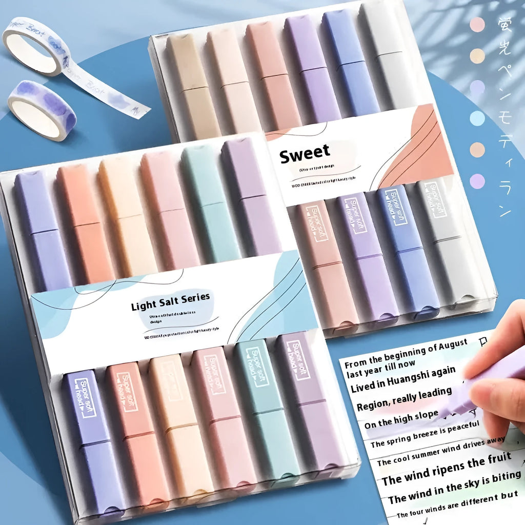 Set of double-headed fluorescent marking pens showing both highlighting and writing tips in mixed colours