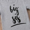 Grey kids cotton t-shirt with printed brother sister designs showing size range from 60cm to 140cm