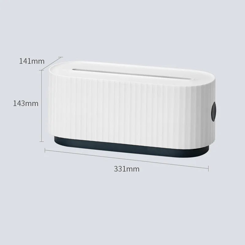 Blue and white desktop power strip storage organiser box with cable holes and a detachable cover.