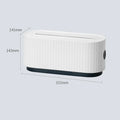 Blue and white desktop power strip storage organiser box with cable holes and a detachable cover.