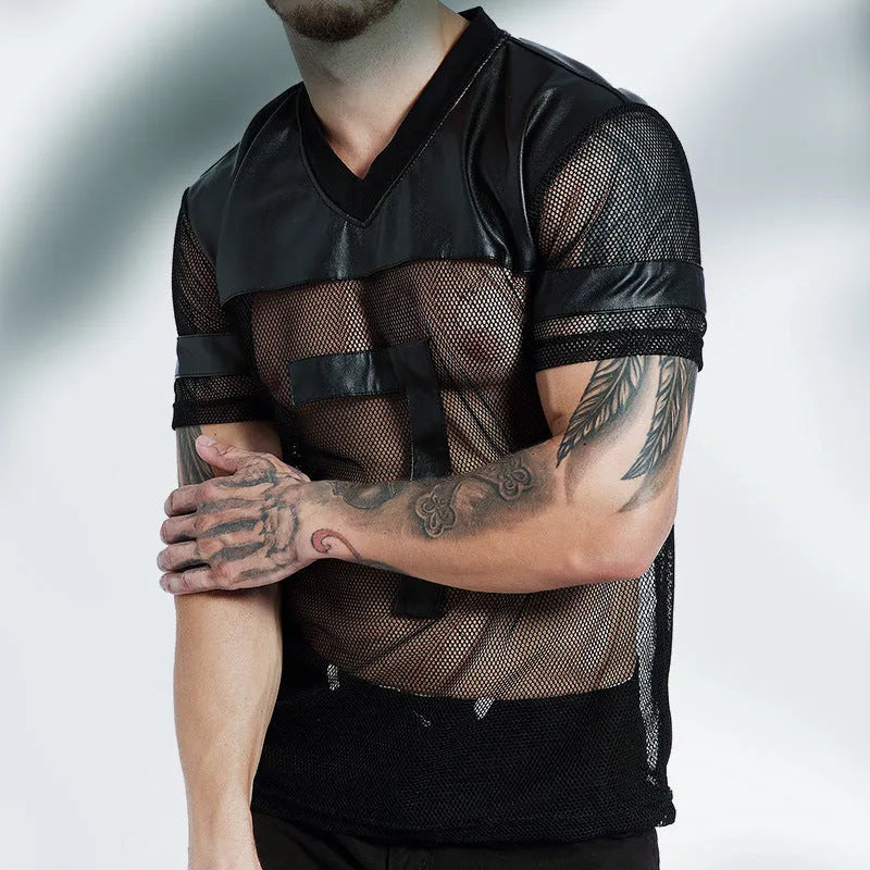 Black men's V-neck running t-shirt with mesh polyester fabric and short sleeves