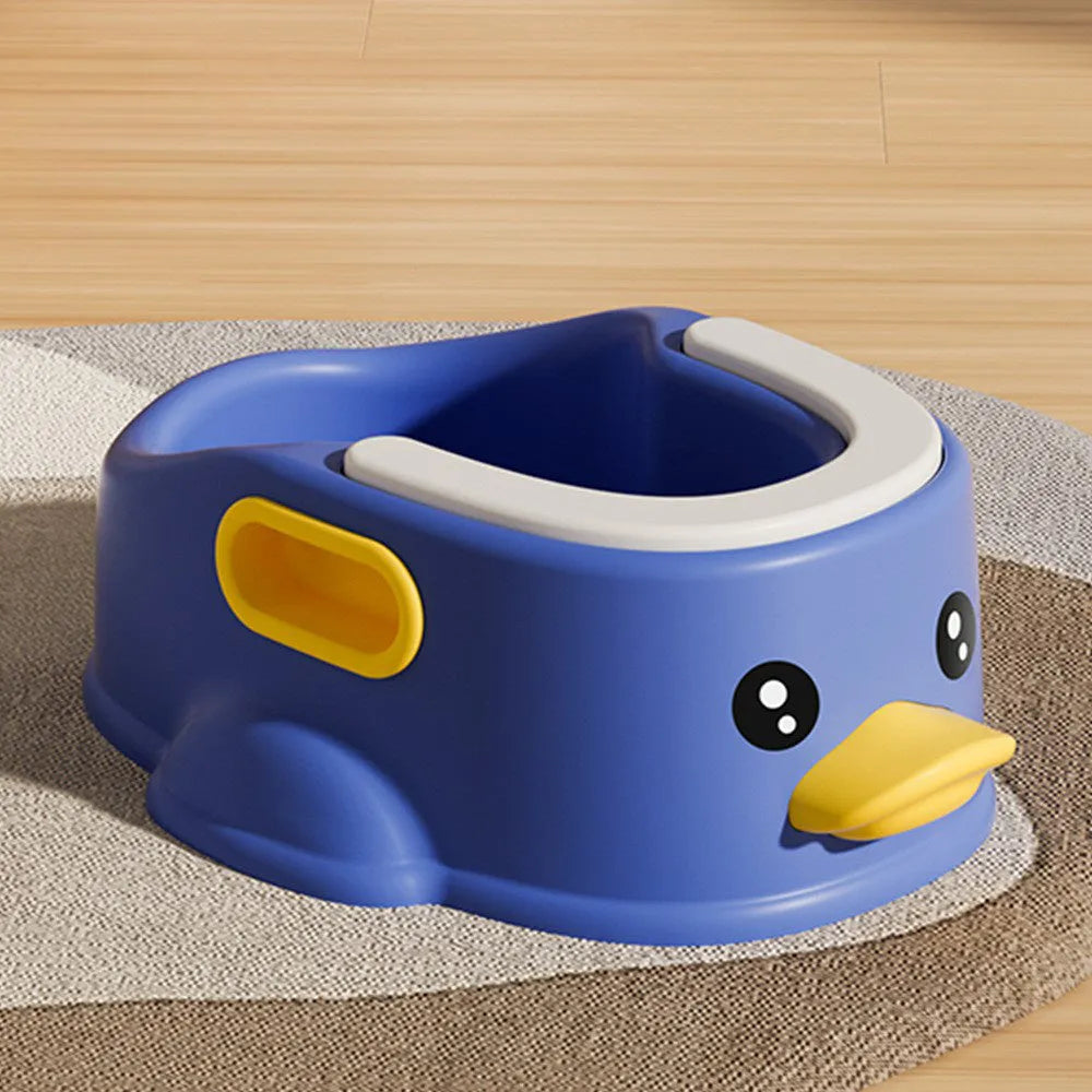Blue duck-shaped PVC pet bath tub for washing dogs and cats on a floor.