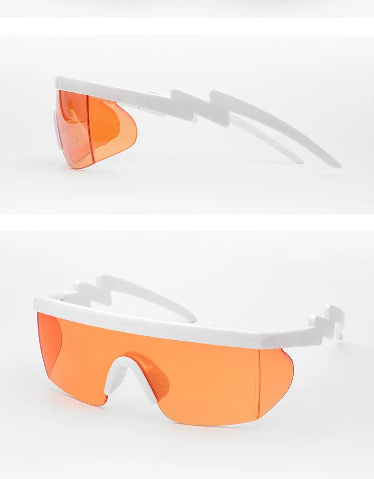 Sports sunglasses with half-frame PC construction and colourful lenses on a white background.