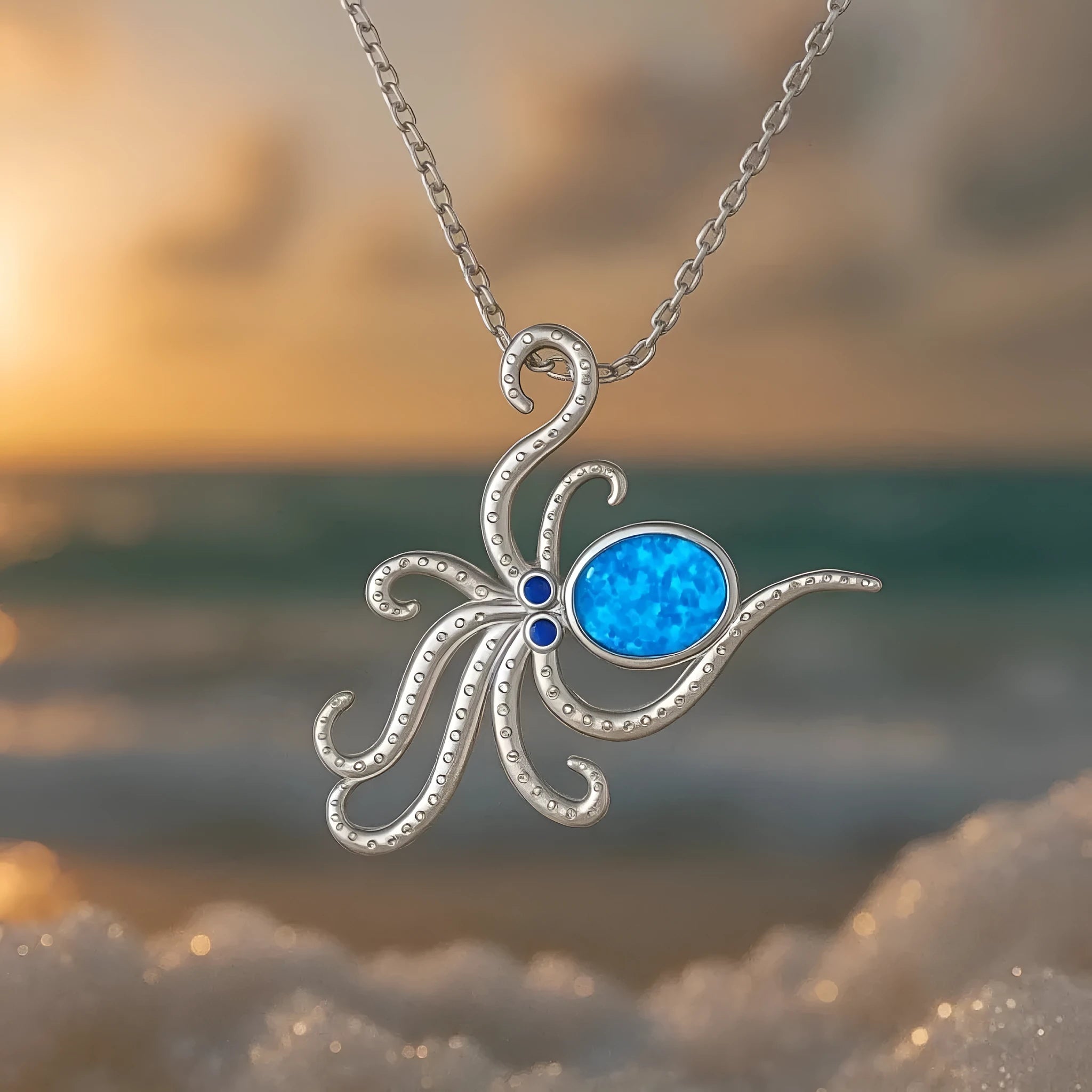 Silver stainless steel necklace with geometric octopus pendant featuring an opal inlay.
