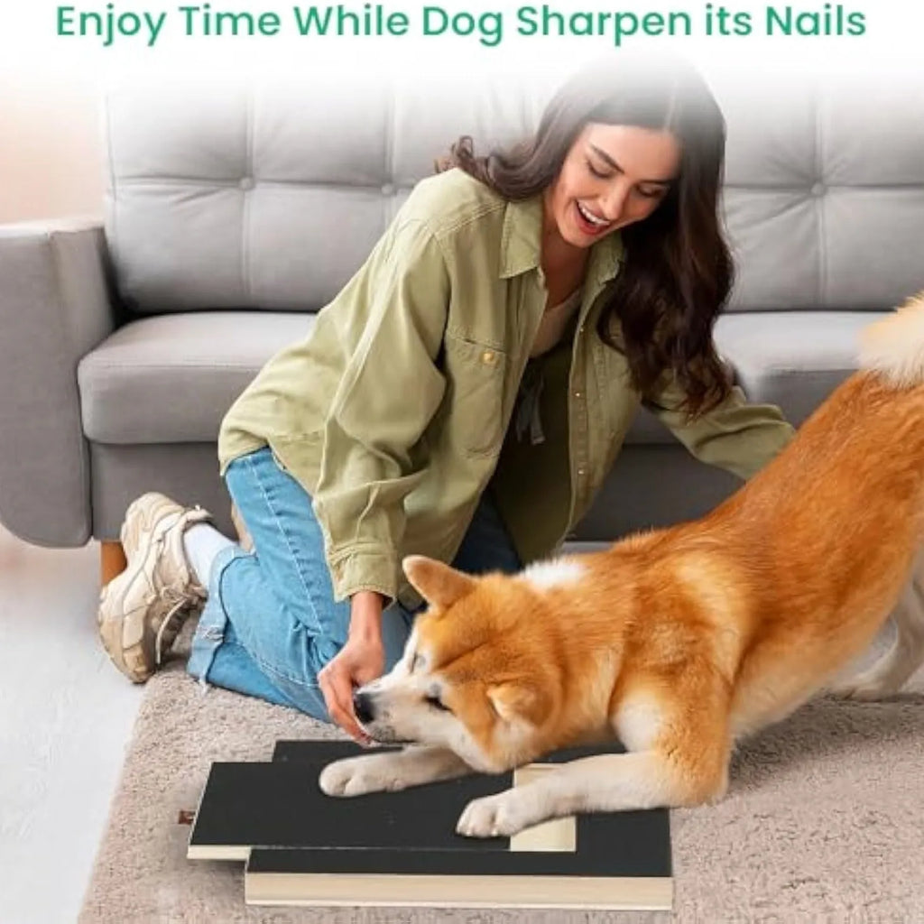 Black wooden dog nail scratch board with treat drawer and non-slip base pads.