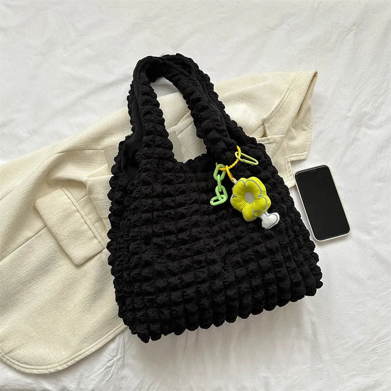 Women's pleated bubble shoulder bag with square vertical shape and detachable pendant accessory