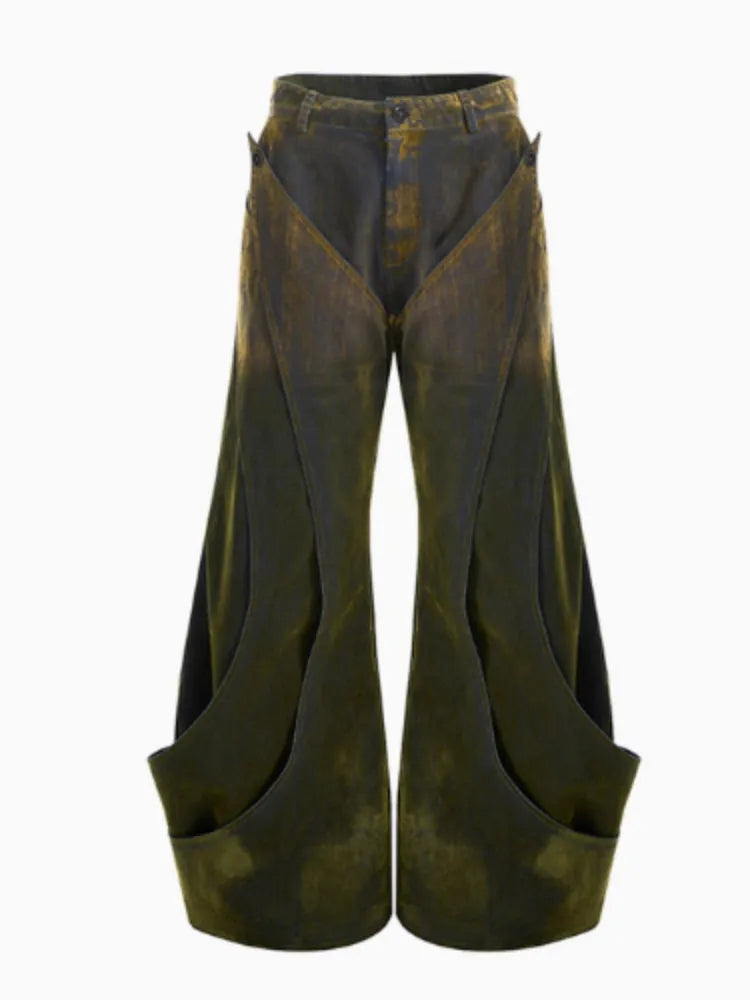 Men's wide leg gradient flocking jeans in Wine Red with brushed interior for autumn winter