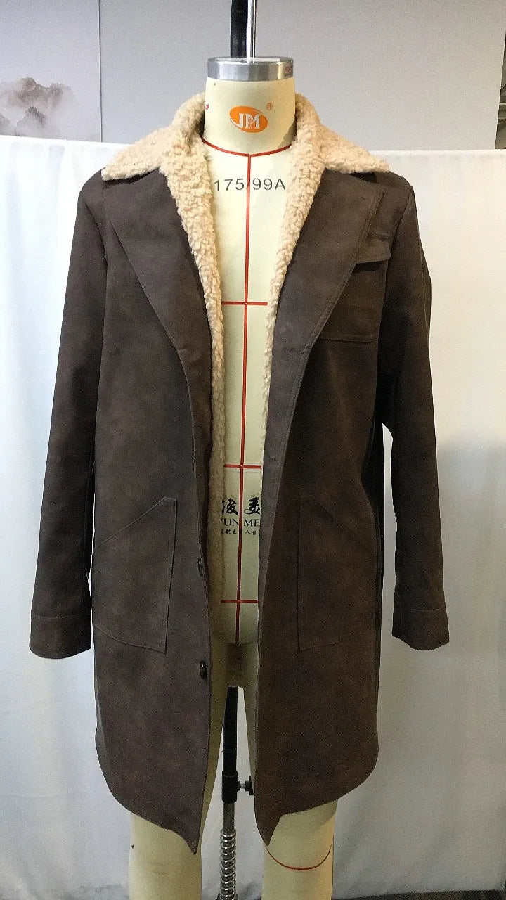 Men's vintage dark brown suede-look casual coat with 80cm length and long sleeves