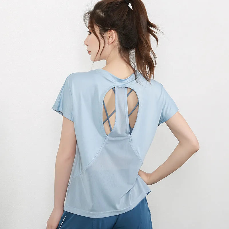 Women's short sleeve polyester sports T-shirt in grey green for running and gym workouts