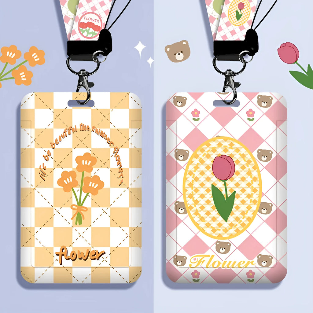 Student ID card set with plastic sleeve and neck lanyard in cartoon designs