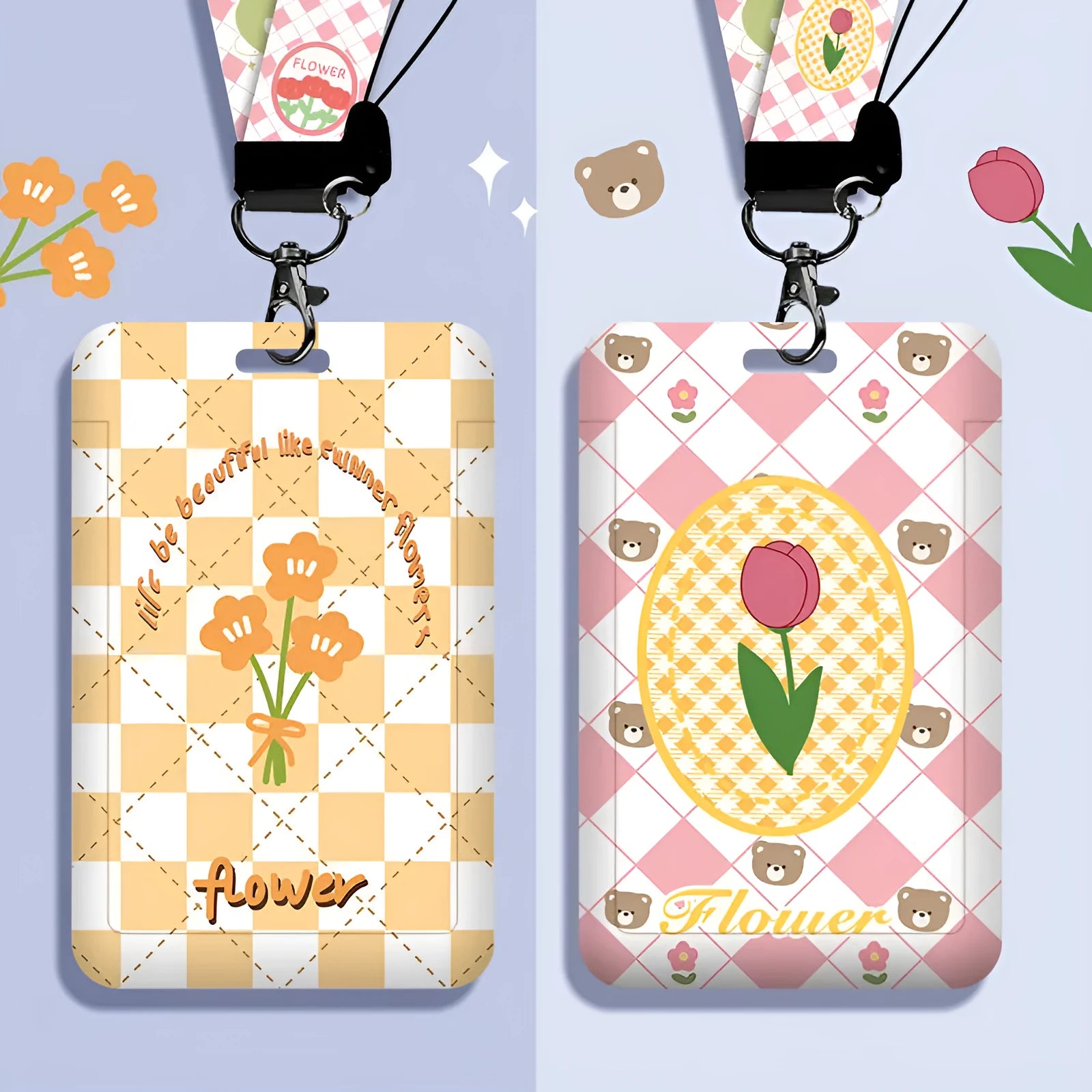 Student ID card set with plastic sleeve and neck lanyard in cartoon designs