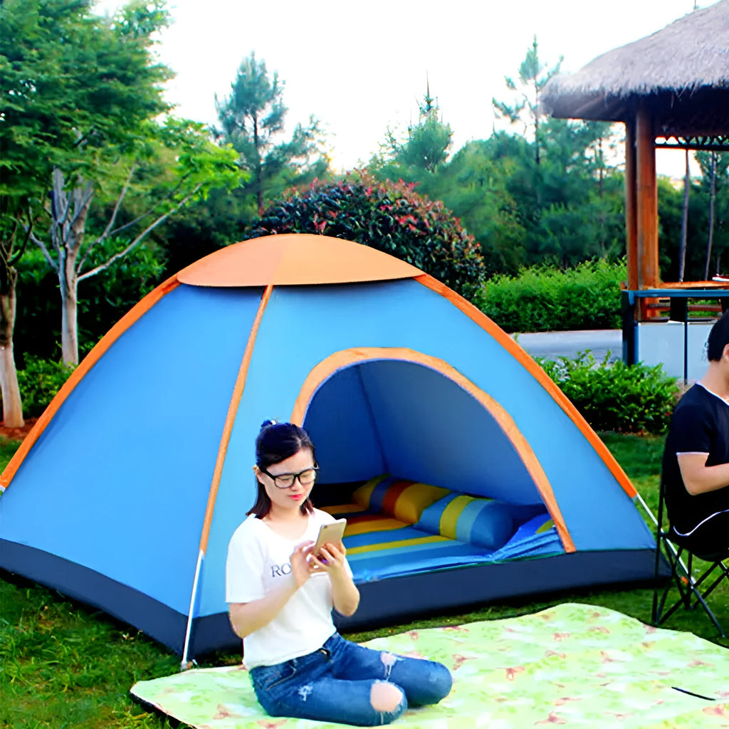 Automatic quick pitch camping tent in green with double door, 200x110x100cm for multiple people outdoor use