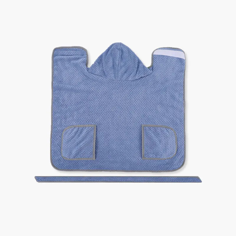 Blue adjustable dog bath robe towel showing waistband and size chart for XS to XL