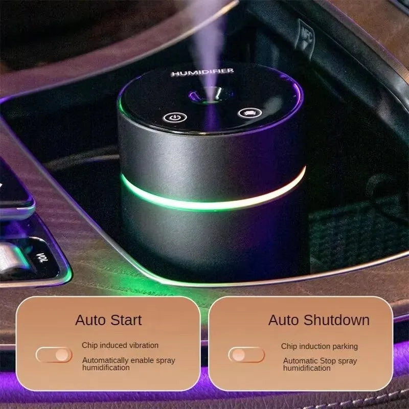 Black aluminium alloy portable car air humidifier and essential oil diffuser with night light on