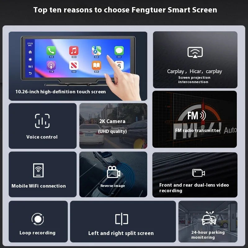 10-inch black car smart touchscreen with CarPlay display and front and rear recording camera.