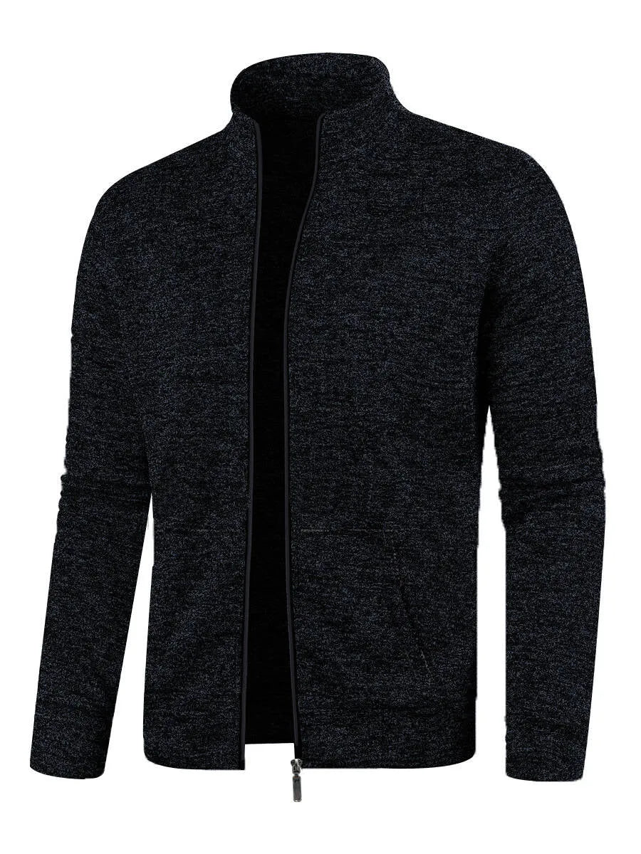 Men's long zipper light fleece jacket plus size casual loose cardigan in dark gray on model