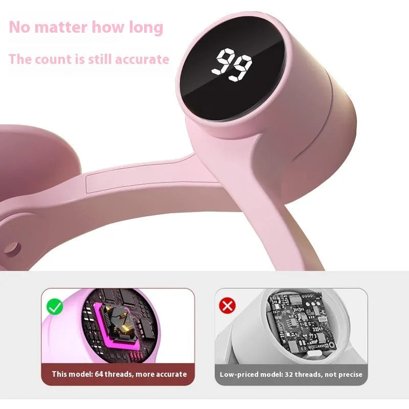 Pink and purple pelvic floor muscle trainer with rubber-coated surface and three resistance settings