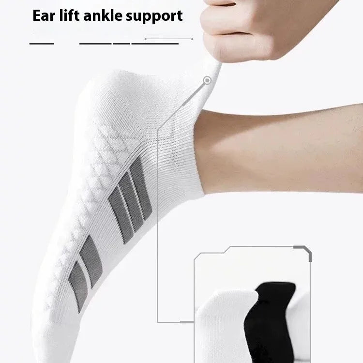 Men's outdoor running basketball socks with towel massage footbed, available in black short and white long lengths, polyester cotton blend