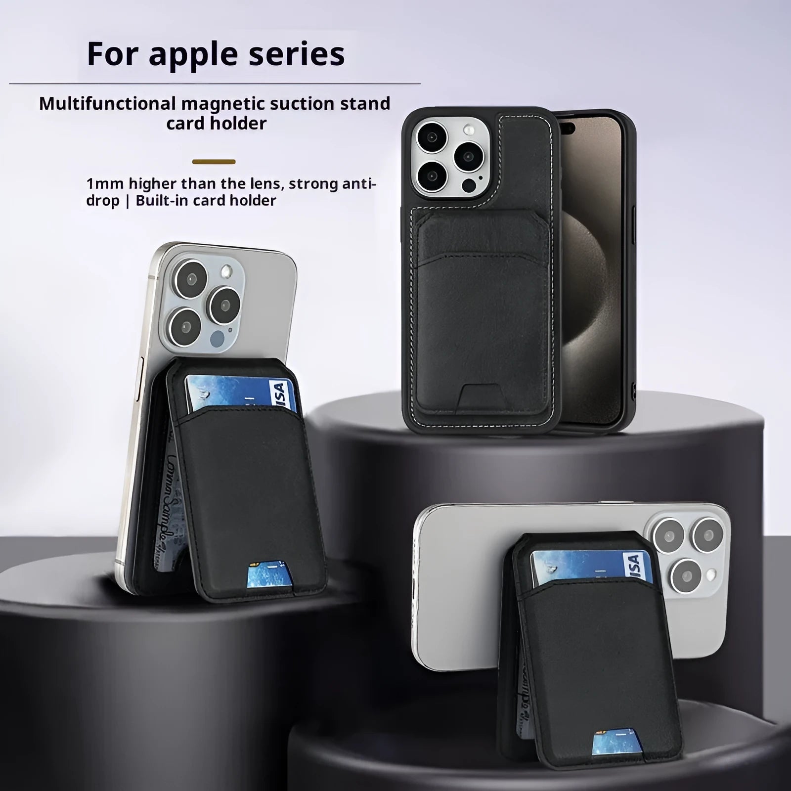 Multifunctional PU mobile phone holder card bag with magnetic suction folding stand in black