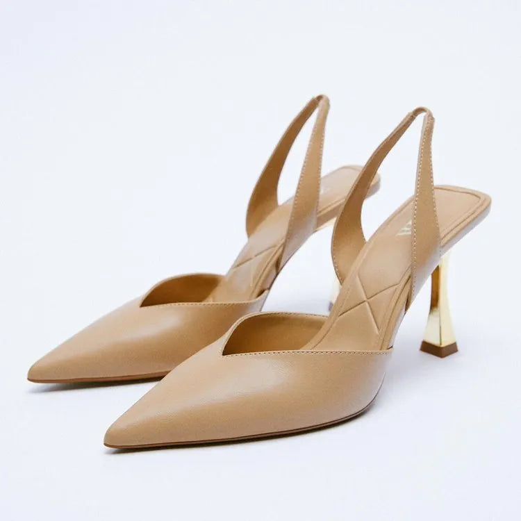 Apricot and black pointed-toe patent leather high heels for women with a shallow cut-out vamp.