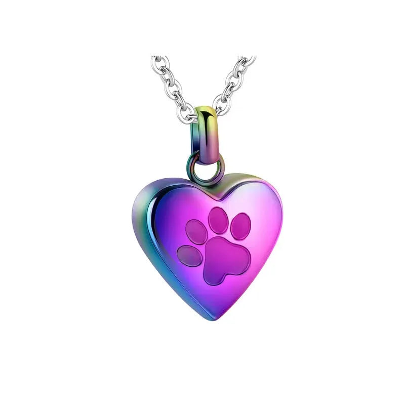 Simple openable heart pendant necklace with paw print, made from polished titanium steel for ashes.