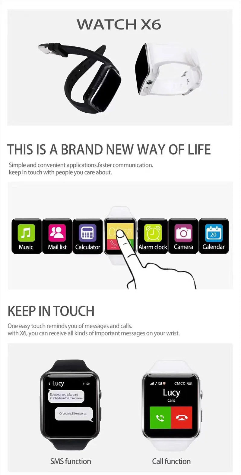 Smart watch with 1.54 inch touch screen and black silicone strap on a wrist