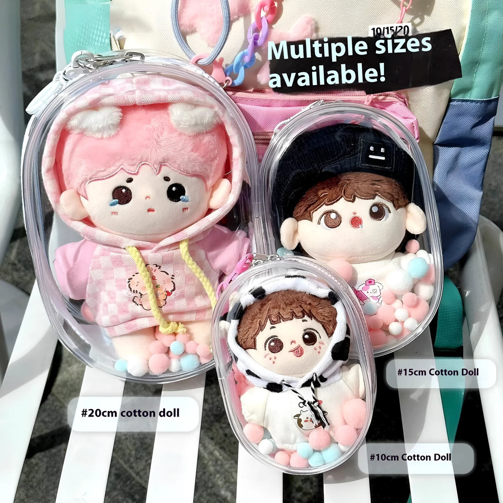 Clear PVC cube storage bag 17cm with keychain in avocado green colour for dolls.