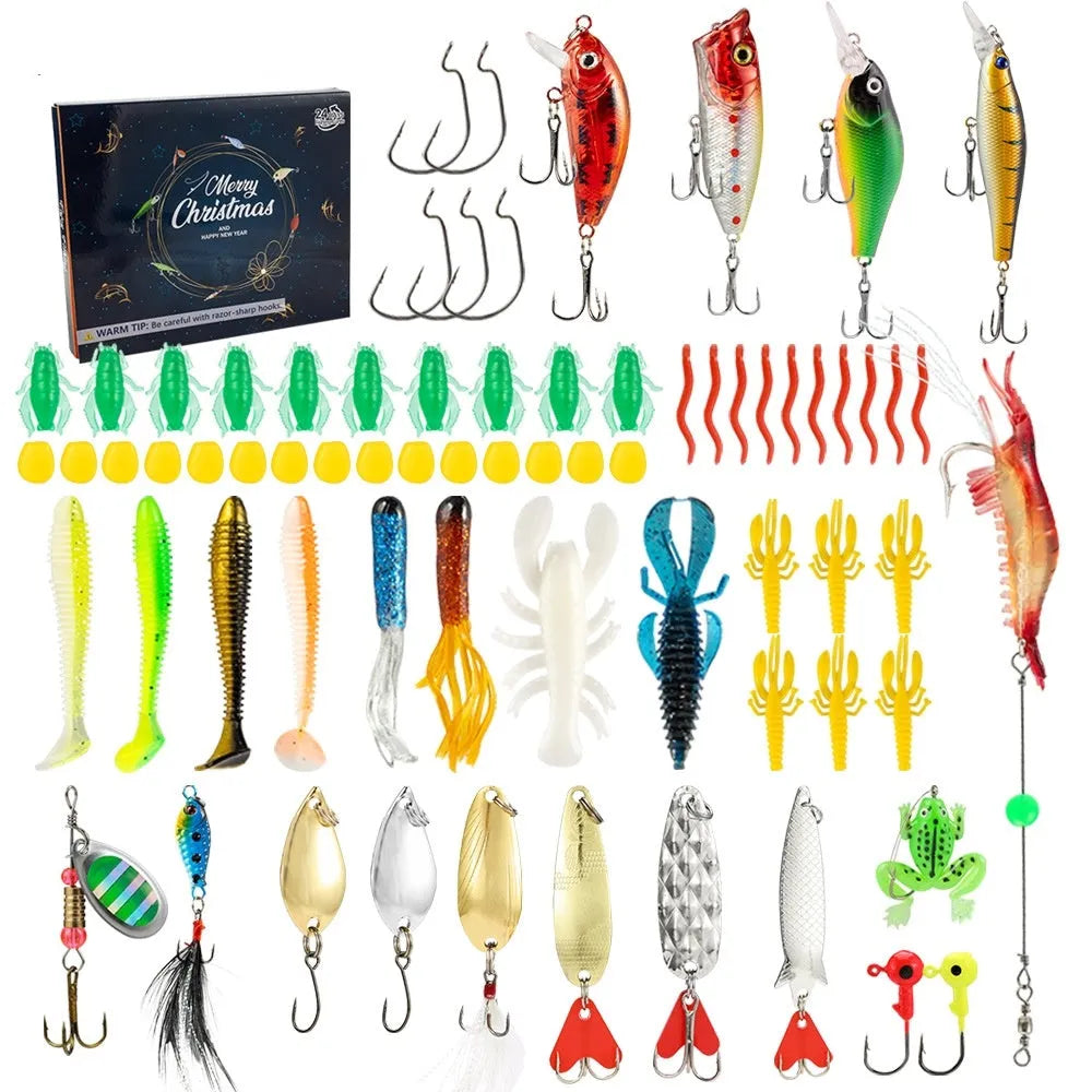 Closed blind box containing a 24-piece metal Christmas Mino Bog fishing set with tackle.