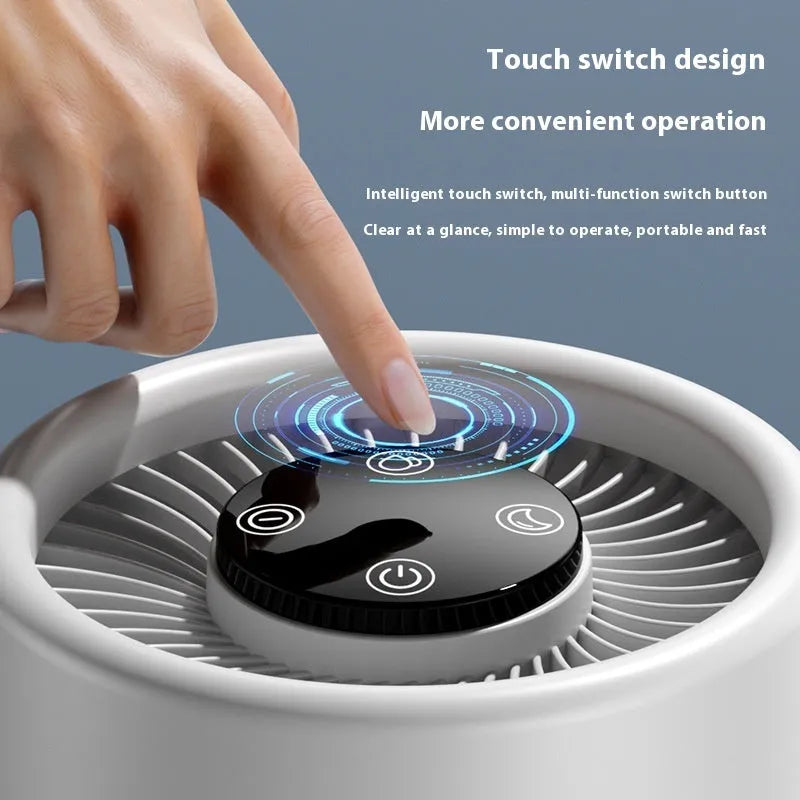 White desktop air purifier for small rooms with USB power connection