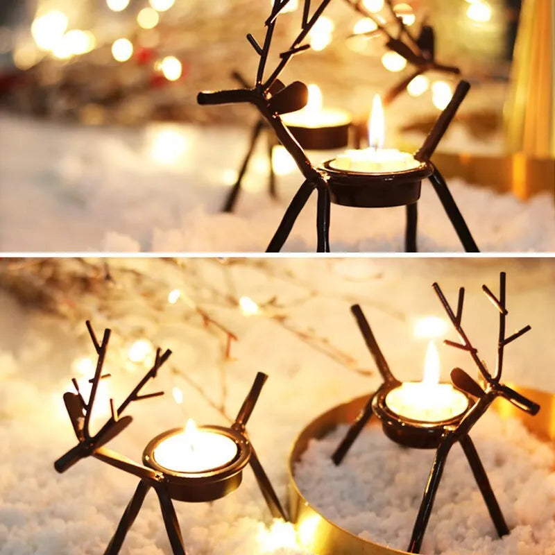 Black iron Christmas deer candlestick holder with elk bracket and Santa snowman designs