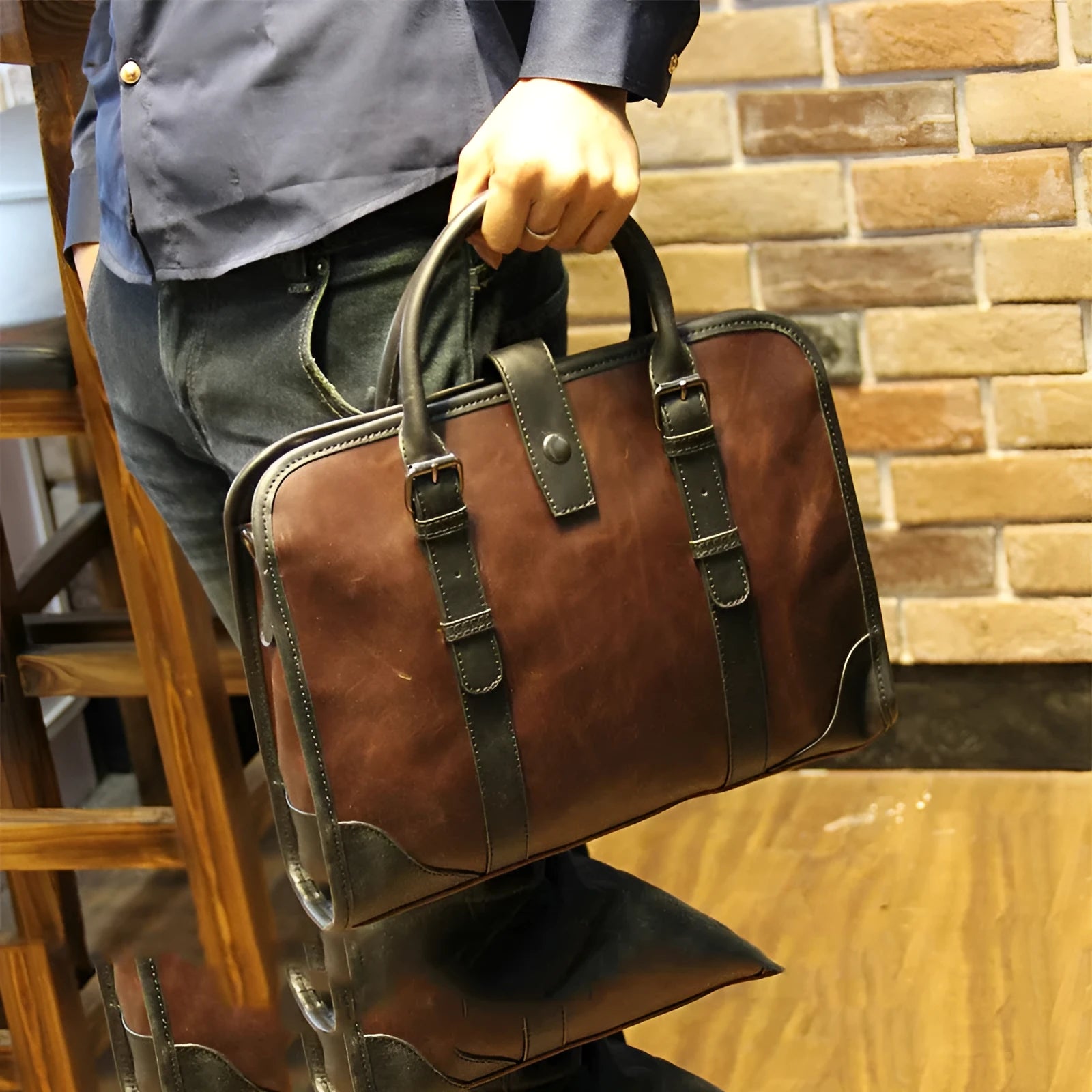 Men's cowhide leather brown business messenger bag with zip closure and shoulder strap on a wooden table