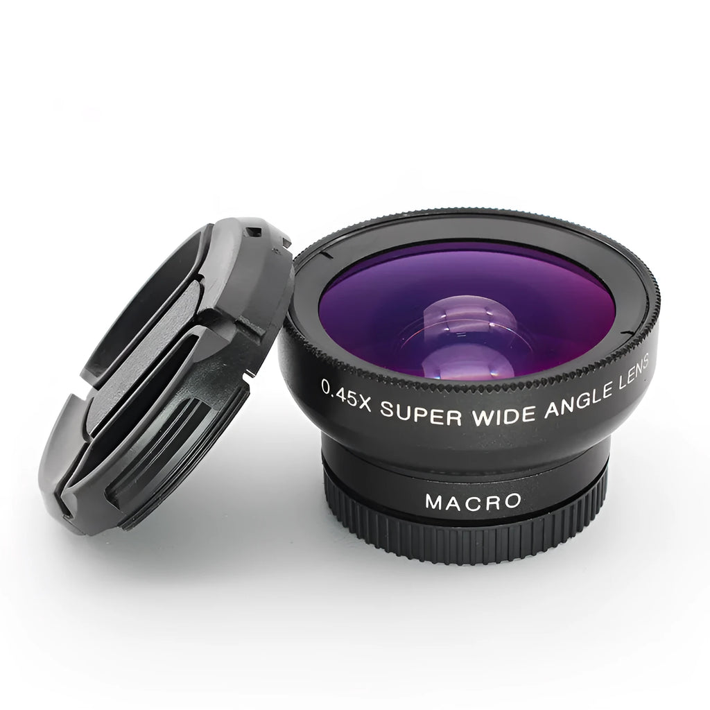 Black 0.45x wide-angle and 12.5x macro phone lens kit with universal clip on a smartphone