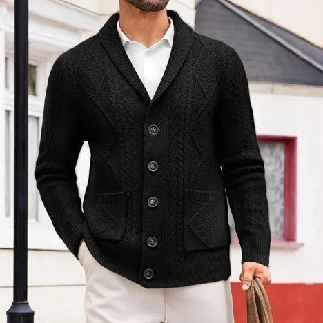 Men's long-sleeved thickening jacquard cardigan in khaki, shown front view on a model