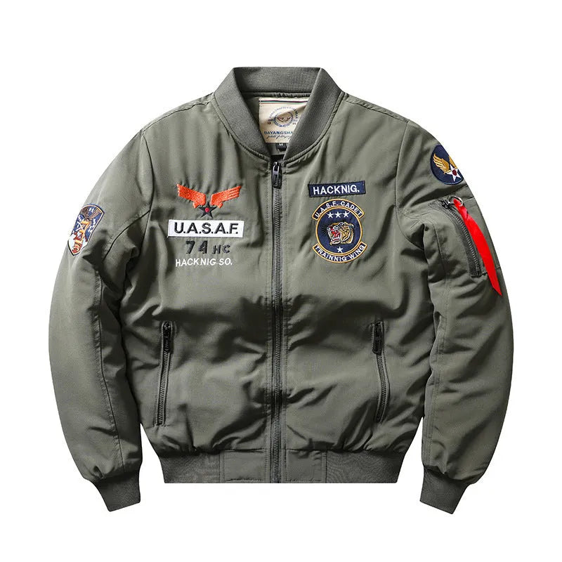 Men's slim-fit black retro motorcycle-style cotton-padded coat with stand collar and embroidery.