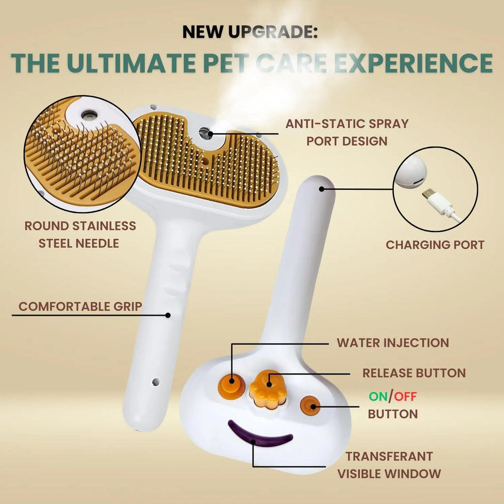 White pet grooming brush with built-in water tank and self-cleaning slicker head for dogs and cats.