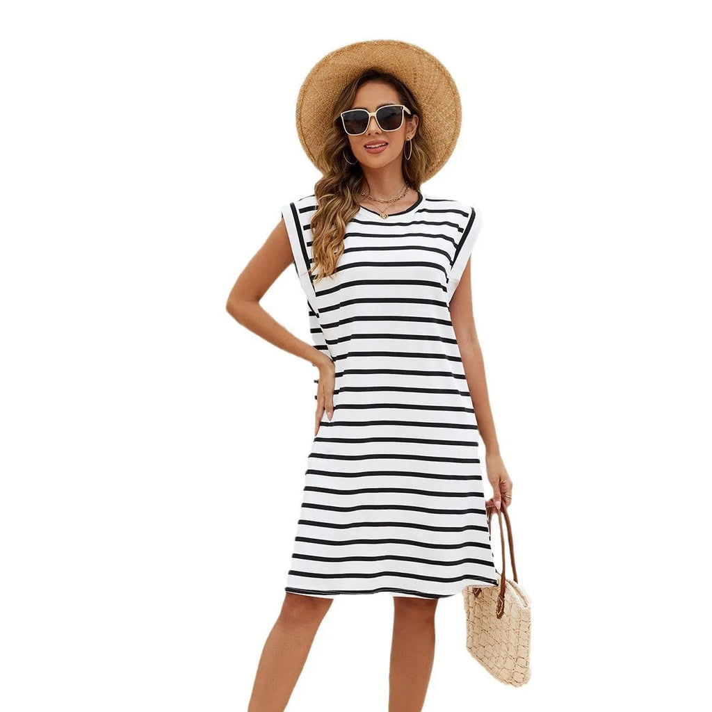Black and white striped polyester beach cover-up blouse for women.