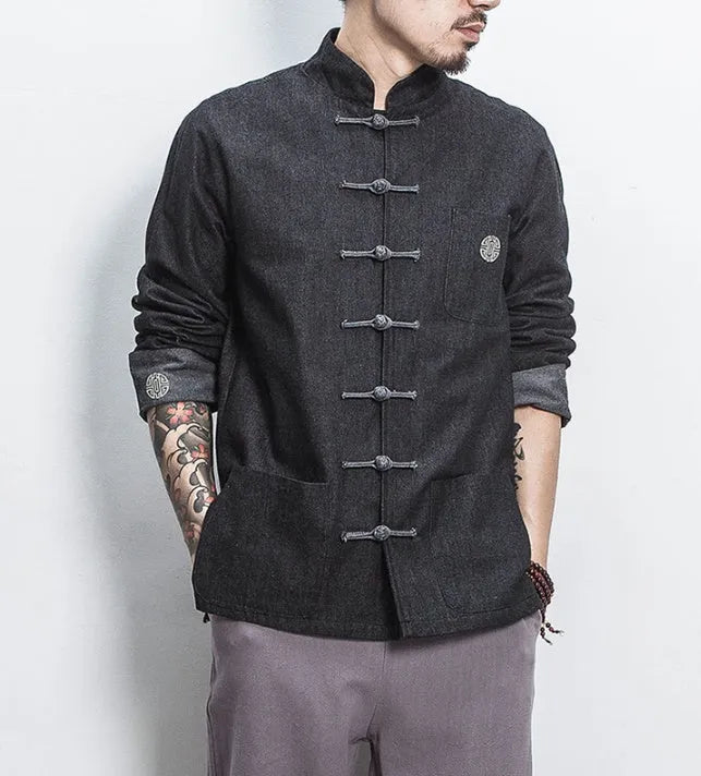 Retro Chinese style hanfu denim jacket top with stand collar and buckle decoration in black, loose fit, long sleeves