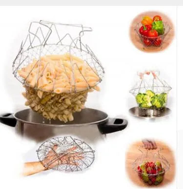 Stainless steel foldable frying basket with square grid design and handle