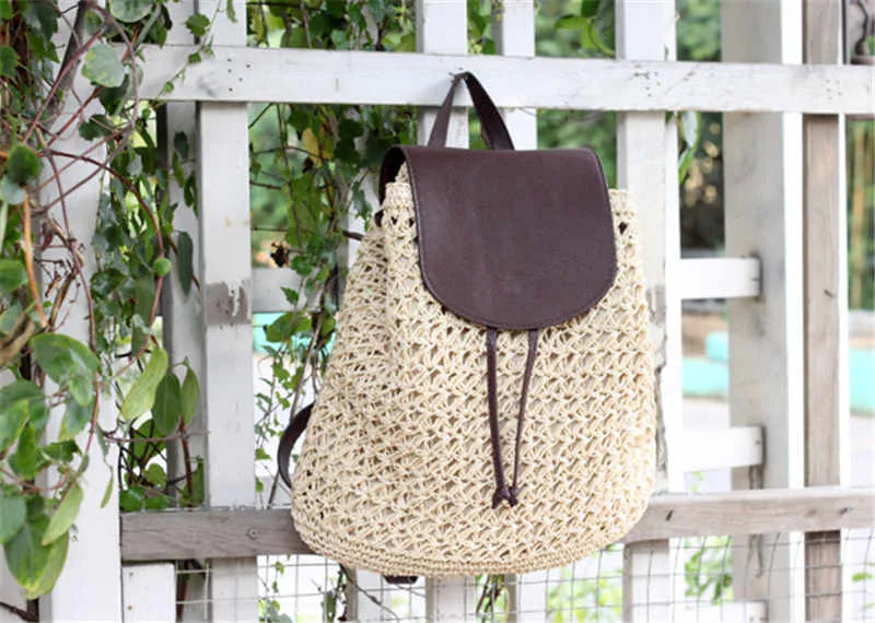 Khaki fashion straw bag cylindrical women's backpack with woven paper rope exterior and double straps