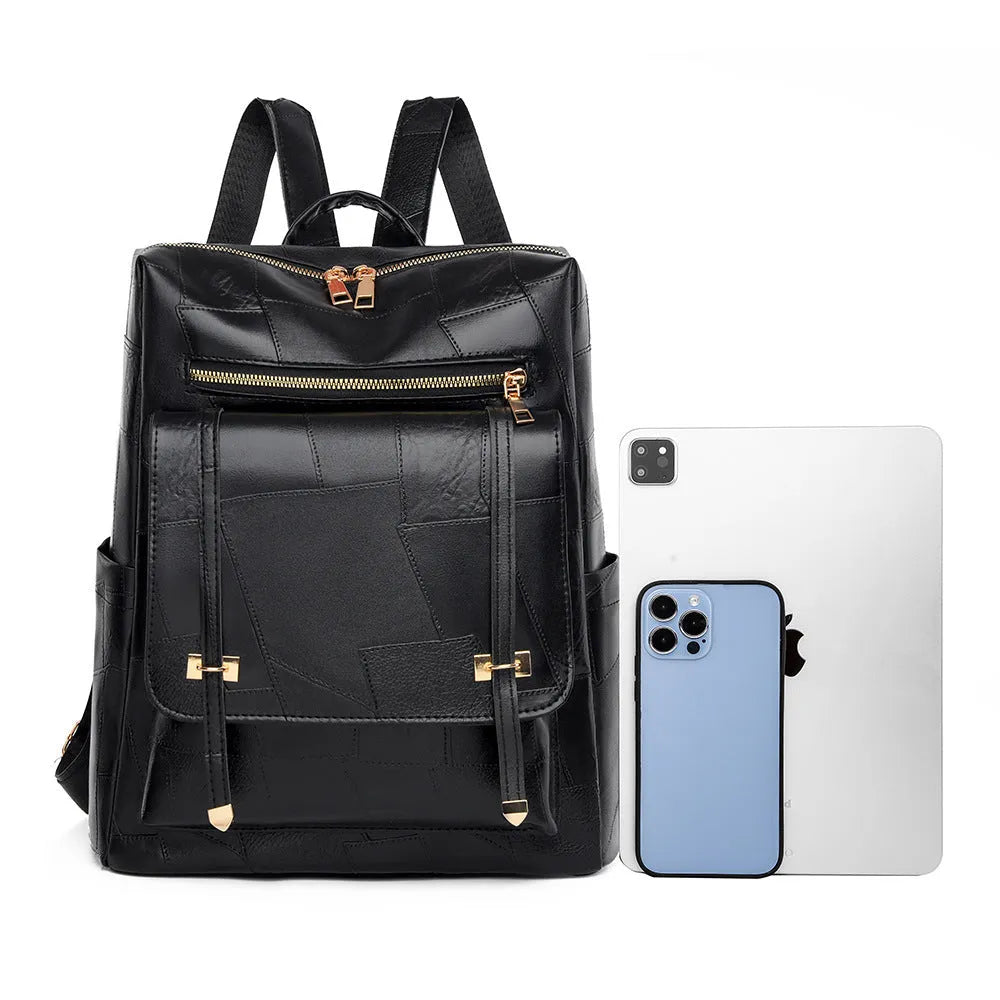 Retro women's backpack in PU leather with three-dimensional pocket and waterproof construction