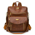 Crossbody casual ladies backpack in brown PU with sewing thread design and phone pocket