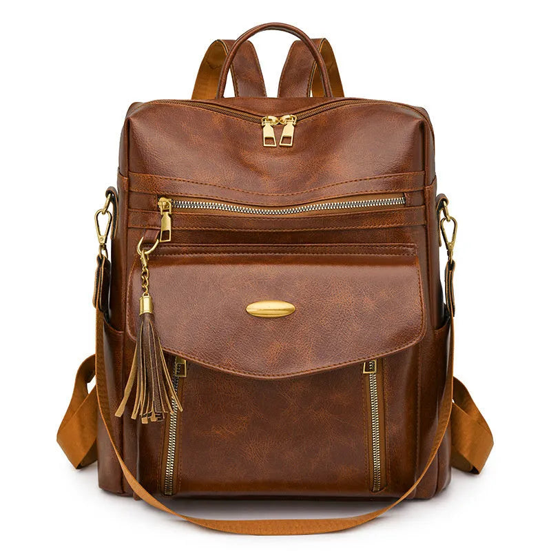 Crossbody casual ladies backpack in brown PU with sewing thread design and phone pocket