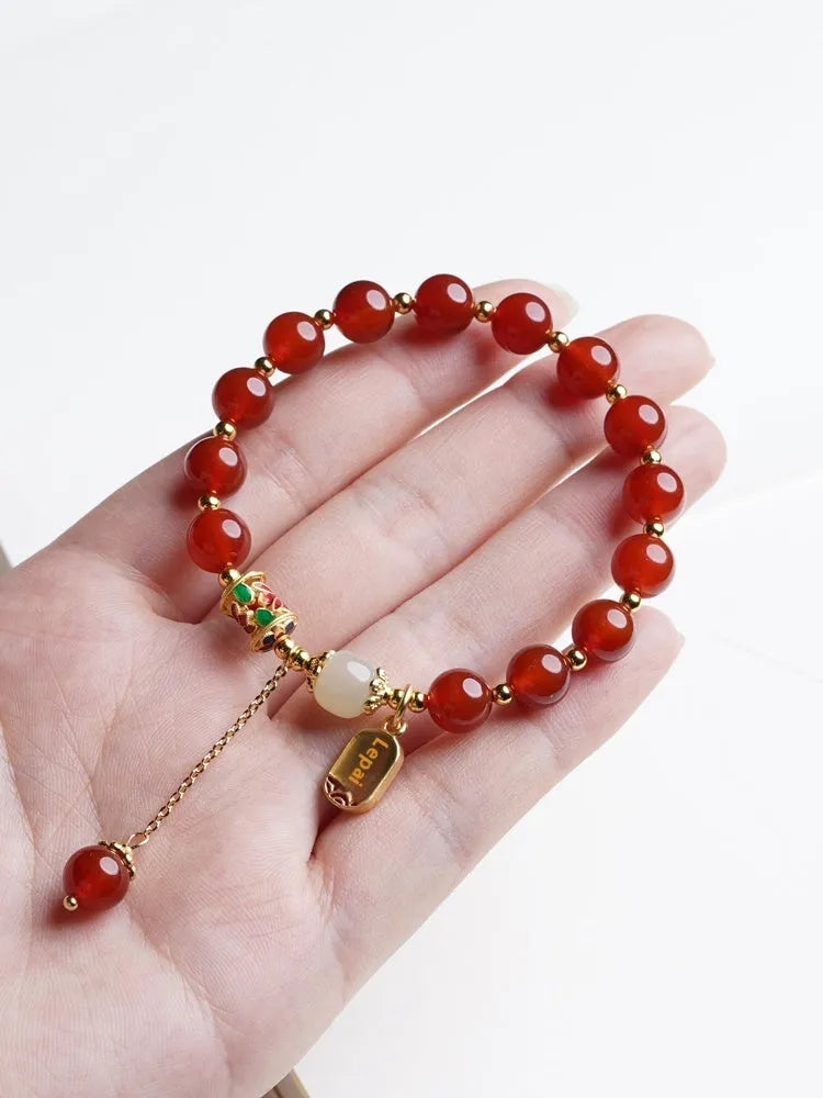 Women's red agate and Hetian jade beads bracelet with natural crystal semi-precious stones and gold plating